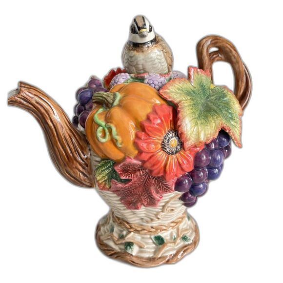 Fitz & Floyd Autumn Bounty Teapot, Quail w/Multicolor Fruits, Flowers & Foliage - Picture 1 of 15